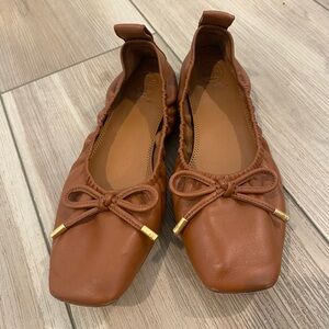 Tory Burch Tan Leather Bow Ballet Flats